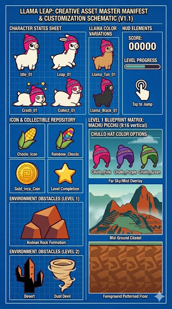 Llama Leap customization schematic showing llama color variations, Chullo hat color options, HUD elements and Andean environment obstacles.