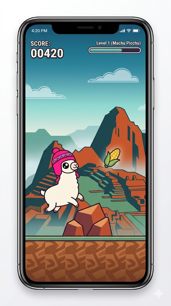 Llama Leap gameplay on an iPhone: the llama leaping across the Machu Picchu level in a 9:16 vertical viewport, with score HUD and Choclo collectible.