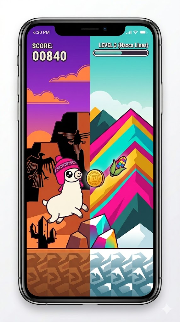 Llama Leap gameplay on an iPhone: the Nazca Lines level with condor silhouettes, cactus obstacles, Inti coin and a vivid Chicha neon palette.