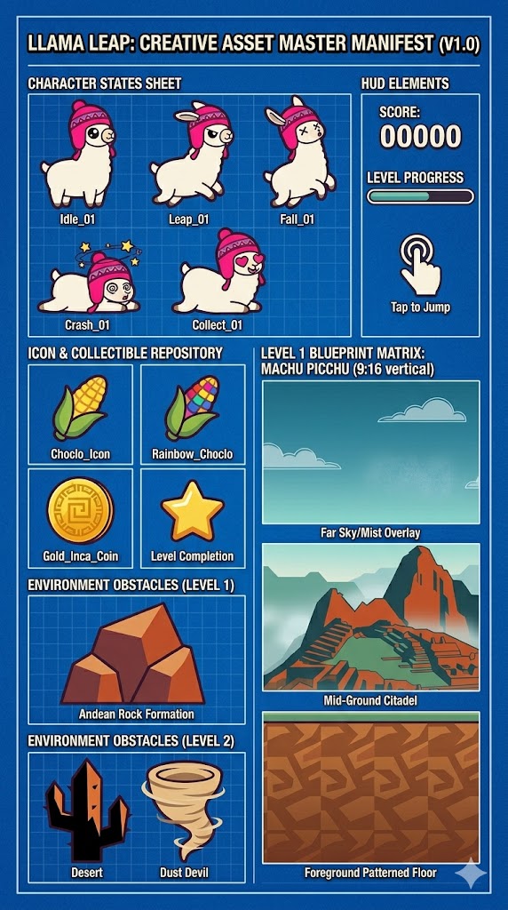 Llama Leap creative asset master manifest: llama character states (Idle, Leap, Fall, Crash, Collect), HUD score and level progress elements, Choclo and Gold Inca Coin collectibles, and Machu Picchu level blueprint.